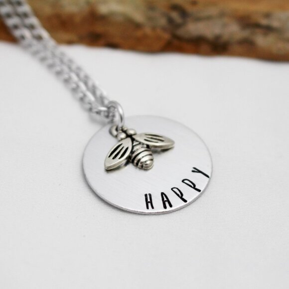Bee Happy - Hand Stamped Pendant Necklace - Handmade & Hypoallergenic - Picture 4 of 6